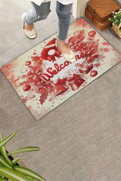 Valerine Life Kırmızı Noel Kapı Süsü Temalı Welcome Kapı Önü Paspası 45x70cm ürün görseli 1