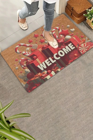 Valerine Life Yılbaşı Şemsiye Şekeri ve Hediyeler Welcome Kapı Önü Paspası 45x70cm ürün görseli 1