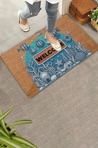 Valerine Life Melek Balıkları ve Deniz Bitkileri Welcome Kapı Önü Paspası 45x70cm ürün görseli 1