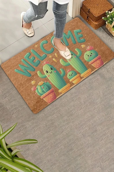 Valerine Life Sevimli Kaktüs Ailesi Welcome Kapı Önü Paspası 45x70cm ürün görseli 1