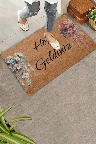 Valerine Life Sarkaç Beyaz Pembe Papatya Demetleri Hoş Geldiniz Kapı Önü Paspası 45x70cm ürün görseli 1