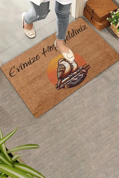 Valerine Life Gün Batımı ve Huzurlu Kuş Çifti Evimize Hoş Geldiniz Kapı Önü Paspası 45x70cm ürün görseli 1