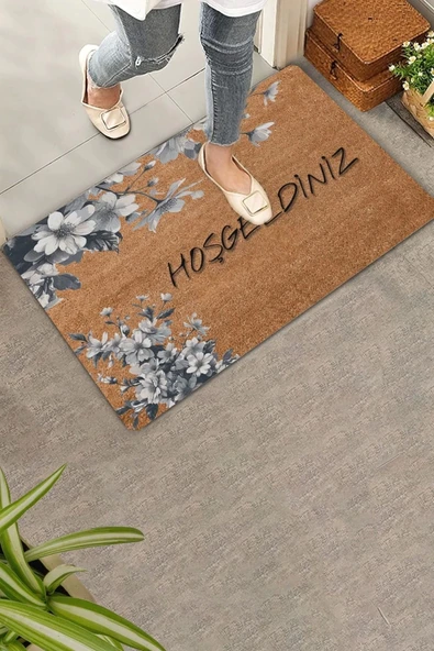 Valerine Life Beyaz Gerbera Çiçekleri Hoş Geldiniz Kapı Önü Paspası 45x70cm ürün görseli 1