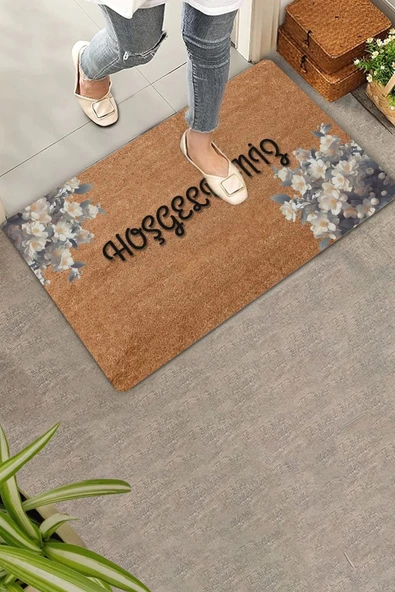 Valerine Life Beyaz Çuha Çiçekleri Hoş Geldiniz Kapı Önü Paspası 45x70cm ürün görseli 1