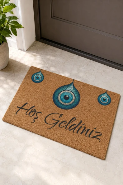Valerine Life Bize Nazar Değmesin Üçlü Nazar Boncuğu Hoş Geldiniz Welcome Kapı Önü Paspası 45x70cm ürün görseli 1