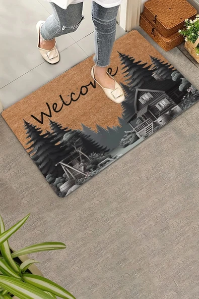 Valerine Life Orman Evi Temalı Çam Ağaçlı Welcome Kapı Önü Paspası 45x70cm ürün görseli 1
