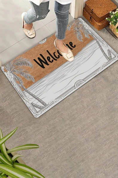 Valerine Life Deniz ve Palmiye Manzaralı Welcome Kapı Önü Paspası 45x70cm ürün görseli 1