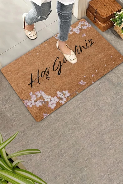 Valerine Life Pembe Kiraz Çiçekleri Hoş Geldiniz Kapı Önü Paspası 45x70cm ürün görseli 1