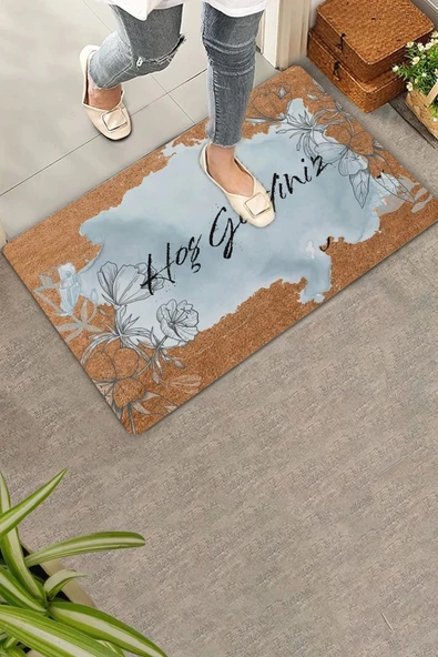 Valerine Life Kara Kalem Gelincik Mavi Renk Hoş Geldiniz Kapı Önü Paspası 45x70cm ürün görseli 1