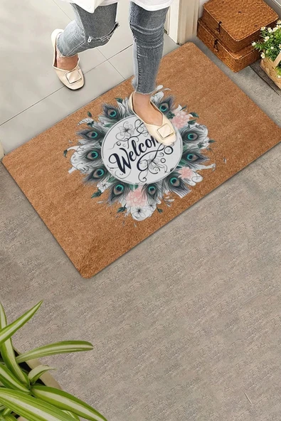 Valerine Life Pudra Kasımpatı ve Tavus Kuşu Tüyleri Welcome Kapı Önü Paspası 45x70cm ürün görseli 1