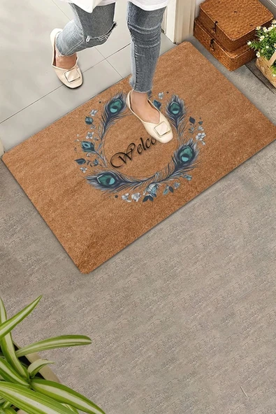 Valerine Life Göz Değmesin Tavus Kuşu Tüyü Welcome Kapı Önü Paspası 45x70cm ürün görseli 1