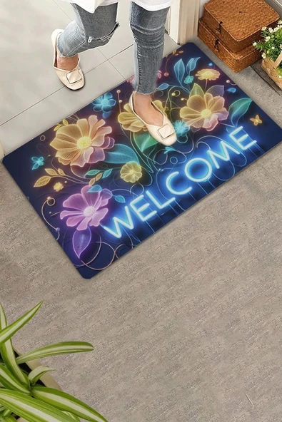 Valerine Life Neon Nilüfer Çiçekleri Welcome Kapı Önü Paspası 45x70cm ürün görseli 1