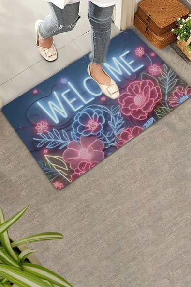 Valerine Life Neon Zambak Çiçekleri Welcome Kapı Önü Paspası 45x70cm ürün görseli 1