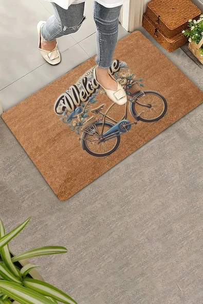 Valerine Life Vintage Çiçekler ve Bisiklet Welcome Kapı Önü Paspası 45x70cm ürün görseli 1