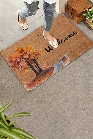 Valerine Life Ağaç ve Kuşlar Sonbahar Temalı Welcome Kapı Önü Paspası 45x70cm ürün görseli 1