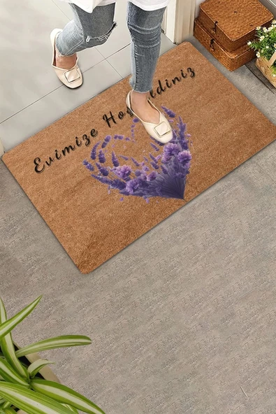 Valerine Life Kalp Çemberi Lavanta Evimize Hoş Geldiniz Kapı Önü Paspası 45x70cm ürün görseli 1