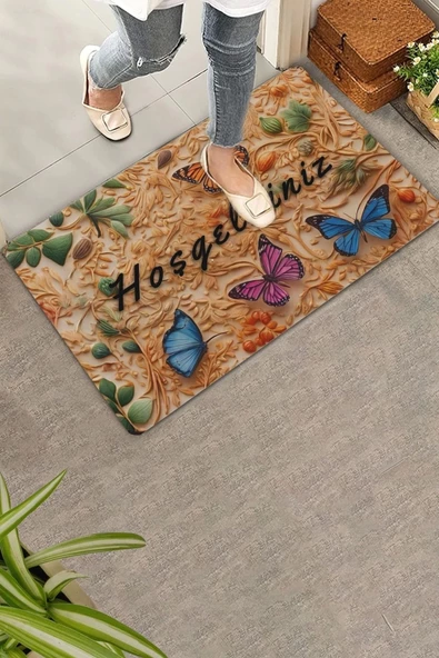 Valerine Life Ahşap Oyma Temalı Kelebekli Hoş Geldiniz Kapı Önü Paspası 45x70cm ürün görseli 1