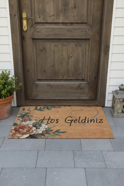 Valerine Life Vintage Zambak ve Kalpli Kahverengi Ev Ofis İş yeri Dükkan Kapı Önü Paspası 45x70cm ürün görseli 1