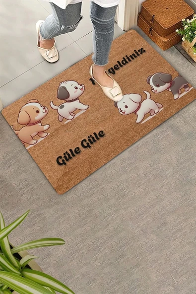 Valerine Life Yavru Köpekler Hoş Geldiniz ve Güle Güle Kapı Önü Paspası 45x70cm ürün görseli 1