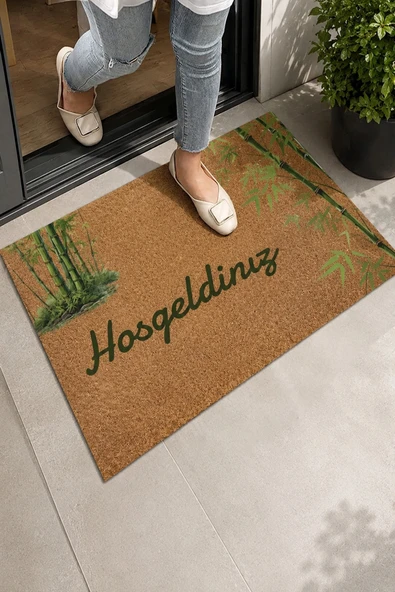 Valerine Life Yeşil Bambu Ağacı Hoş Geldiniz Welcome Ev iç Dış Kapı Önü Paspası 45x70cm ürün görseli 1