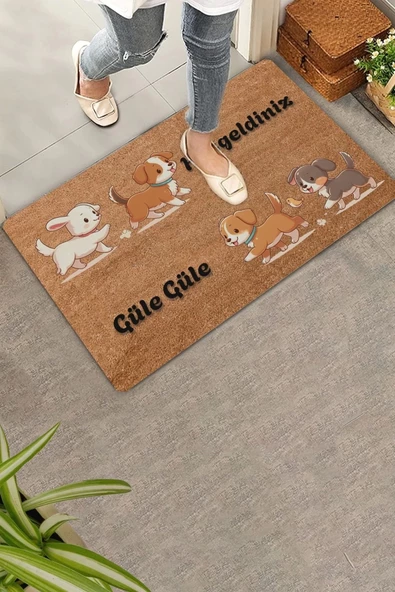 Valerine Life İkili Sevimli Yavru Köpekler Hoş Geldiniz ve Güle Güle Kapı Önü Paspası 45x70cm ürün görseli 1