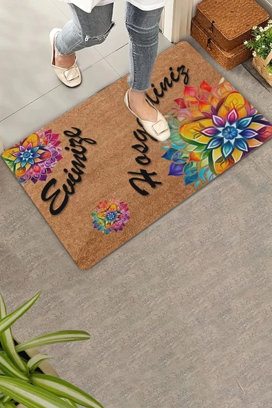 Valerine Life Mandala Turuncu Kırmızı Evimize Hoş Geldiniz Kapı Önü Paspası 45x70cm ürün görseli 1