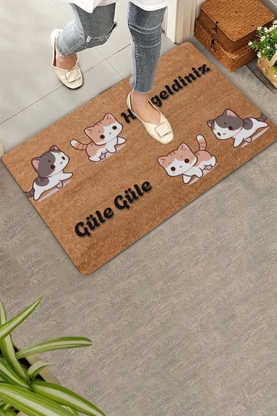 Valerine Life Sarı Siyah Yavru Kediler Hoş Geldiniz ve Güle Güle Kapı Önü Paspası 45x70cm ürün görseli 1