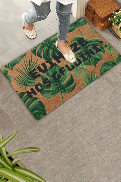 Valerine Life Yeşil Palmiye Yaprakları Evimize Hoş Geldiniz Kapı Önü Paspası 45x70cm ürün görseli 1