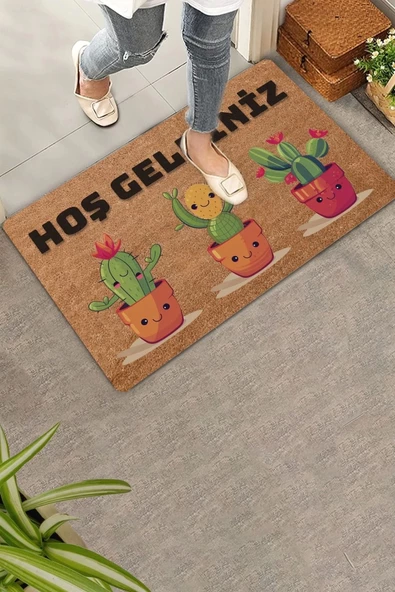 Valerine Life Opuntia Tavşan Kulağı Üçlü Sevimli Kaktüsler Hoş Geldiniz Kapı Önü Paspası 45x70cm ürün görseli 1