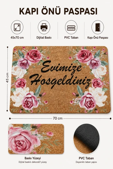 Valerine Life Kırmızı Beyaz Çelenk Gülleri Welcome Ev İç Dış Kapı Önü Paspası 45x70cm ürün görseli 1