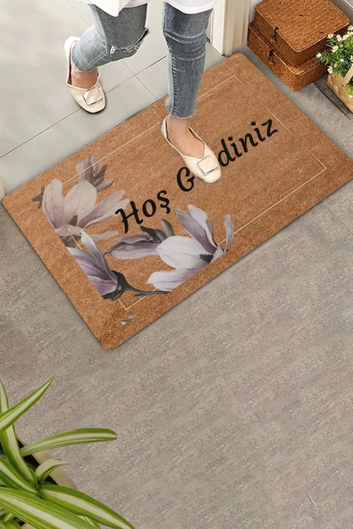 Valerine Life Pudra Rengi Zambak Çiçeği Hoş Geldiniz Kapı Önü Paspası 45x70cm ürün görseli 1