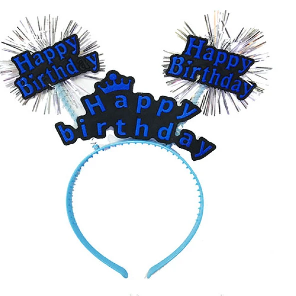 Happy Birthday Yazılı Püsküllü Neon Mavi Renk Doğum Günü Tacı 22x19 cm ürün görseli 1