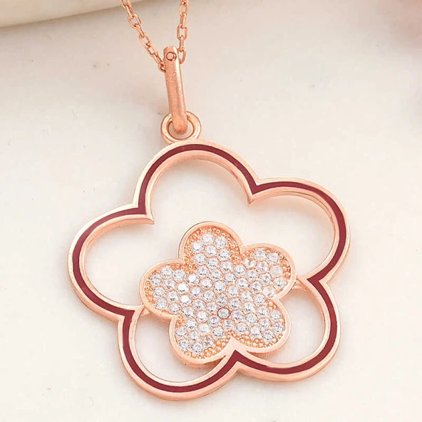 925 Ayar ​Gümüş Rose Çiçek Desenli Kadın Kolye ürün görseli 1