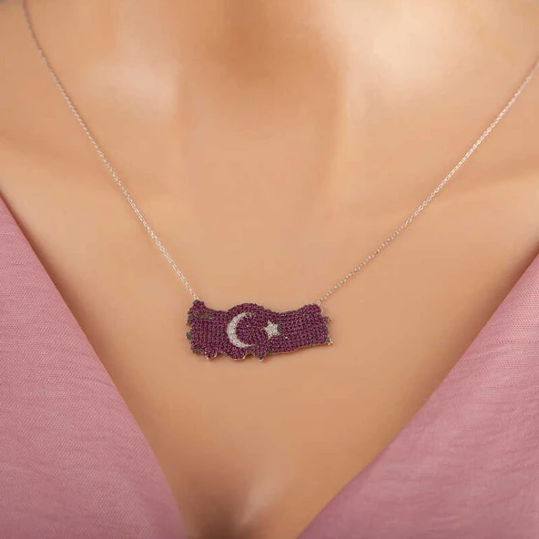 925 Ayar Gümüş Ay Yıldız Türkiye Haritası Kadın Kolye ürün görseli 1