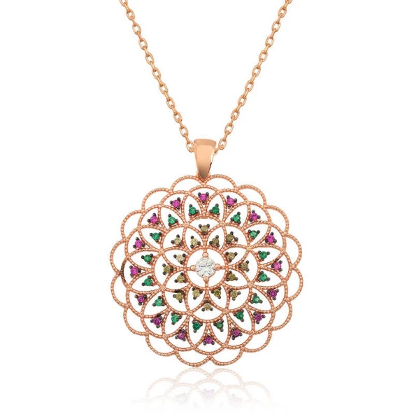 Gümüş Rose Geometrik Desenli Madalyon Kolye ürün görseli 1
