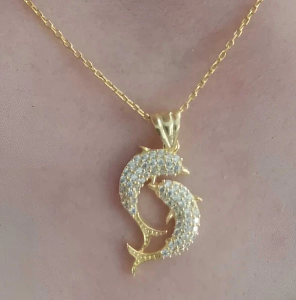 Gümüş Gold Çift Yunus Balığı Kadın Kolye ürün görseli 1