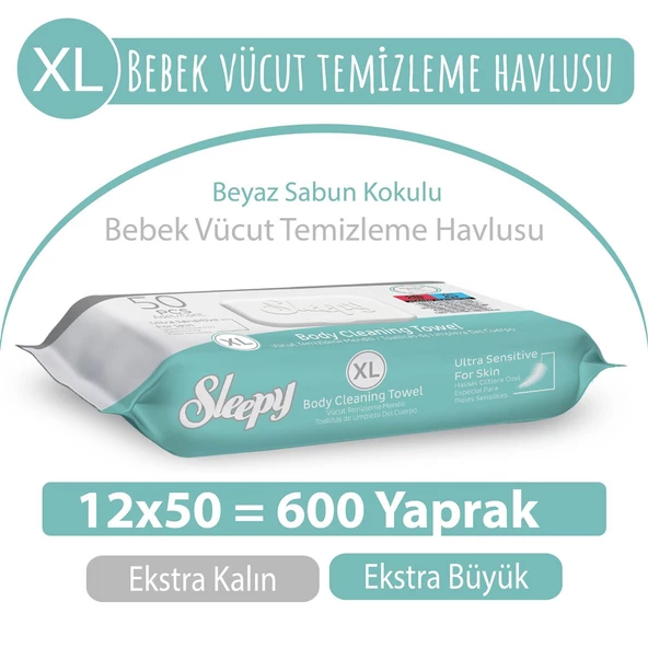 XL Beyaz Sabun Kokulu Bebek Vücut Temizleme Havlusu 12x50 (600 Yaprak) ürün görseli 1
