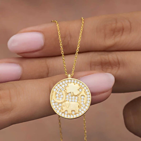 925 Ayar Gümüş Gold Fil Motifli Şans Kadın Kolye ürün görseli 1