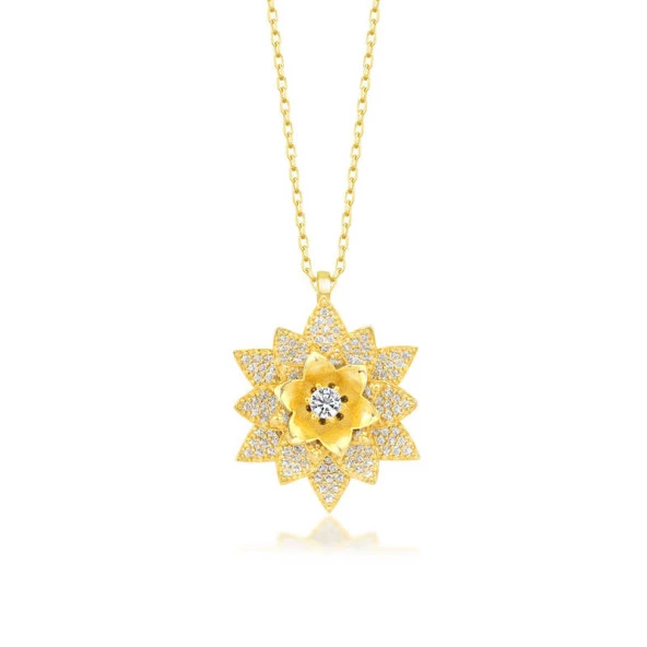 925 Ayar Gümüş Gold Beyaz Taşlı Lotus Çiçeği Kadın Kolye ürün görseli 1