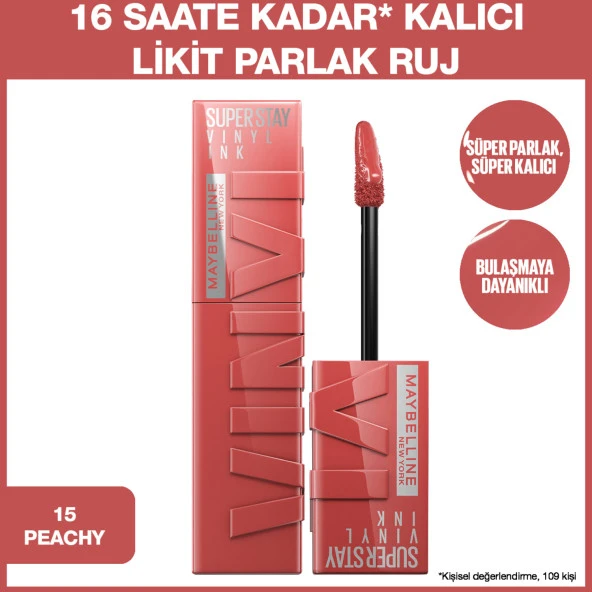 Maybelline New York Super Stay Vinyl Ink Uzun Süre Kalıcı Likit Parlak Ruj 15 Peachy ürün görseli 1