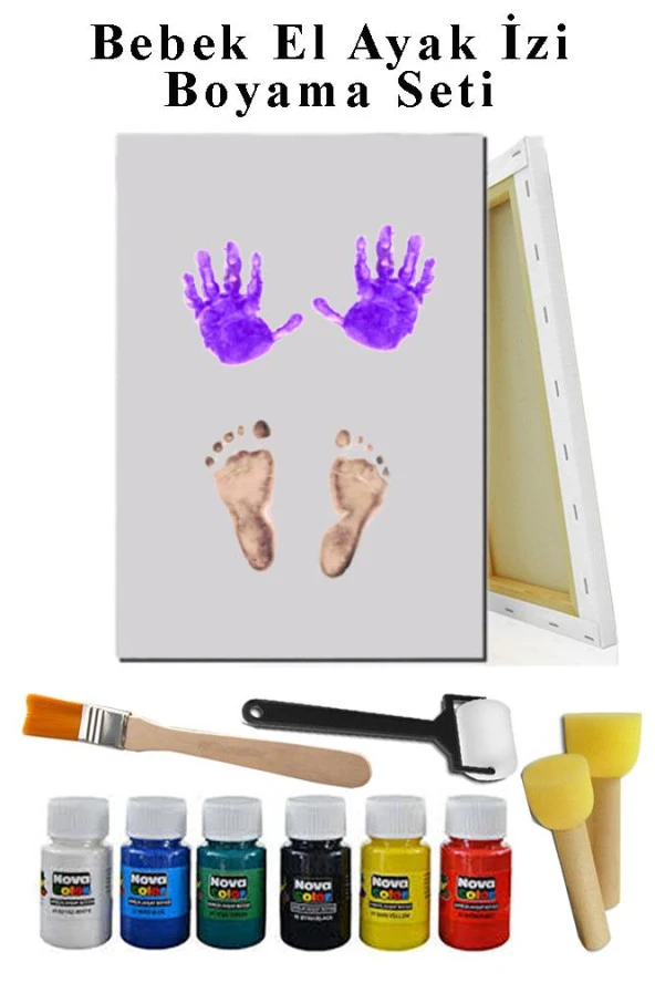 Bebek El Ayak İzi Tuval 25x35 cm Boyama Seti 1 Paket Parmak Boyası Zemin Fırça Rulo Fırça Ponpon Fırça Hatıra Seti ürün görseli 1