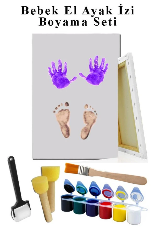Bebek El Ayak İzi Tuval Boyama Seti 25x35 cm 1 Paket Parmak Boyası Zemin Fırça Rulo Fırça Ponpon Fırça Hatıra Seti ürün görseli 1