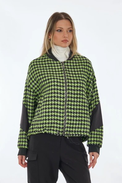 Unique Mode Oversize Houndstooth Desenli Fermuarlı Kadın Ceket - Günlük Şıklık ürün görseli 1