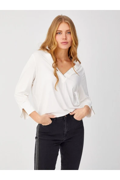 Faik Sönmez Kadın Minimalist Oversize V Yaka 3/4 Kol Bluz ürün görseli 1