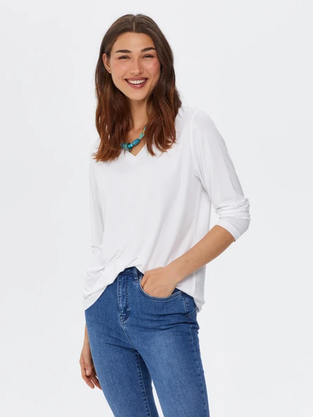 Faik Sönmez Kadın Oversize V Yaka Uzun Kol Minimalist T-Shirt ürün görseli 1