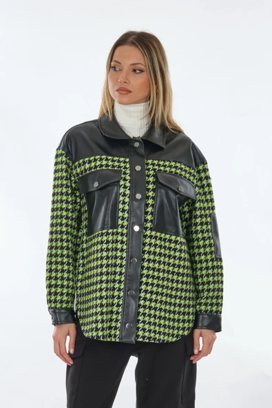 Unique Mode Oversize Gömlek Yaka Kazayağı Desenli Kadın Ceket - Trend ürün görseli 1