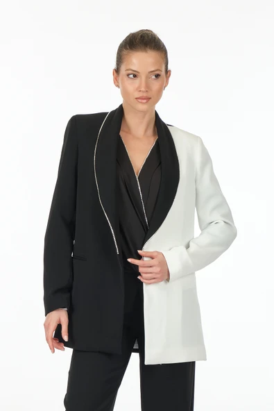 Explosion Minimalist Oversize Midi Kadın Ceket - Siyah Beyaz ürün görseli 1