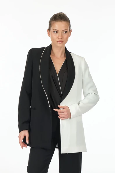 Explosion Minimalist Oversize Midi Kadın Ceket - Siyah Beyaz - Resim 2