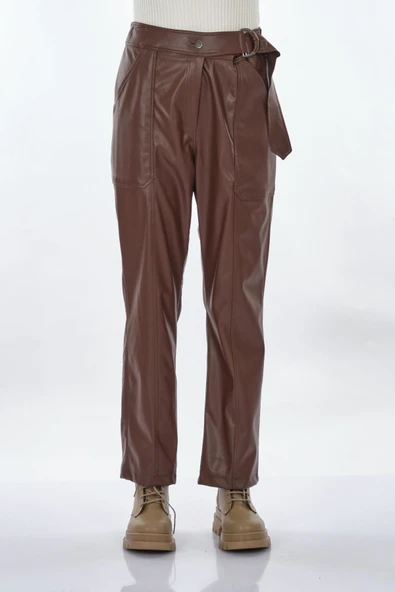 Unique Mode Kadın Deri Look Midi Pantolon - Yüksek Bel Kemerli ürün görseli 1