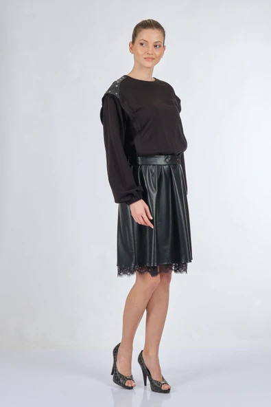 Unique Mode Oversize Midi Günlük Deri Elbise - Dantel Detay - Resim 4